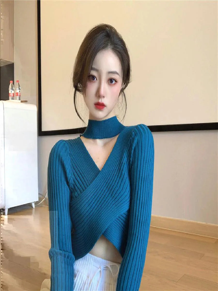 Long Sleeve V-Neck Criss-Cross Crop Pullover Periwinkley Shop