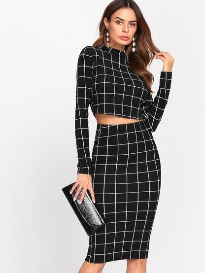 Crop Grid Top & Pencil Skirt Set Periwinkley Shop