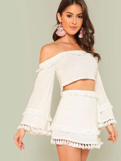 Bell Sleeve Layered Tassel crop Top & Skirt Periwinkley Shop
