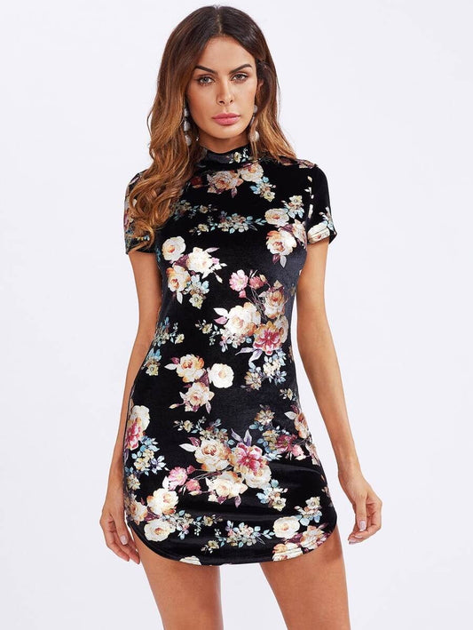Curved Hem Floral Velvet Bodycon Dress Periwinkley Shop
