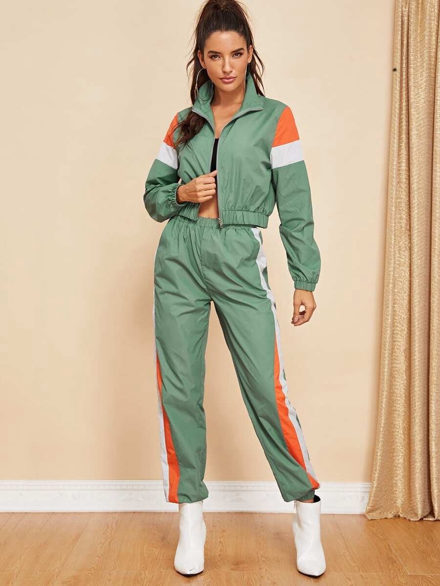 Zip Up Color Block Jacket & Pants Set Periwinkley Shop