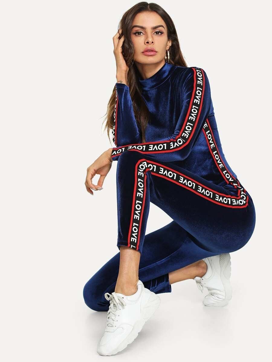 Lettered Tape Detail Velvet Top & Pants Set Periwinkley Shop