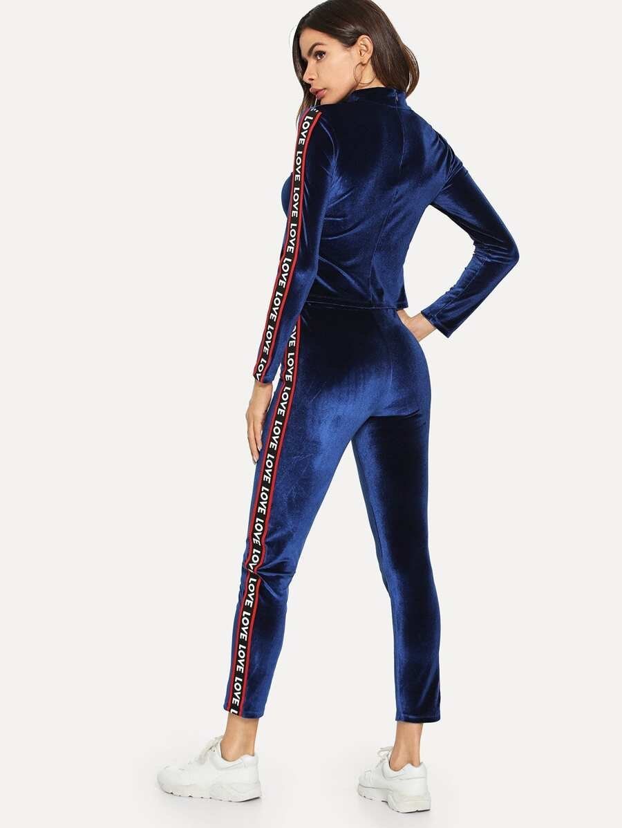 Lettered Tape Detail Velvet Top & Pants Set Periwinkley Shop