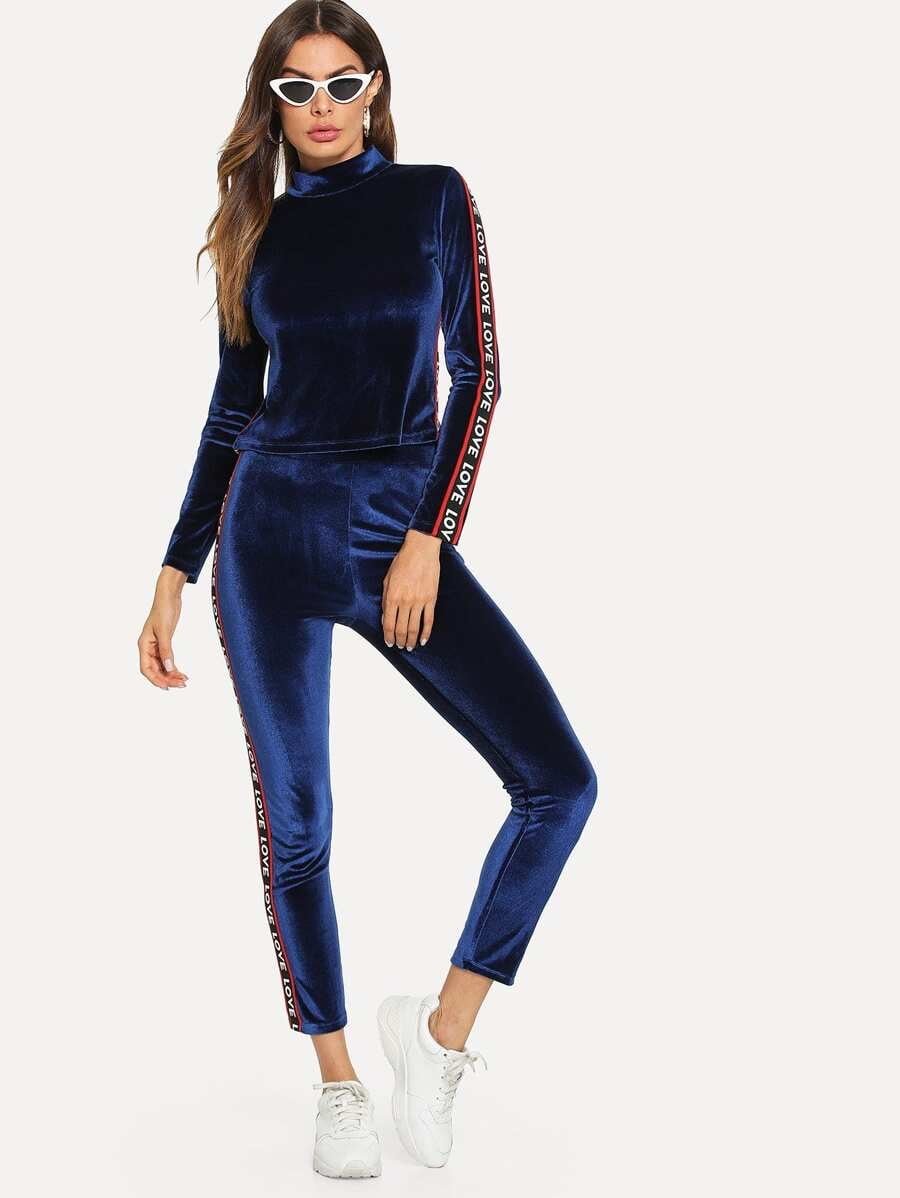 Lettered Tape Detail Velvet Top & Pants Set Periwinkley Shop