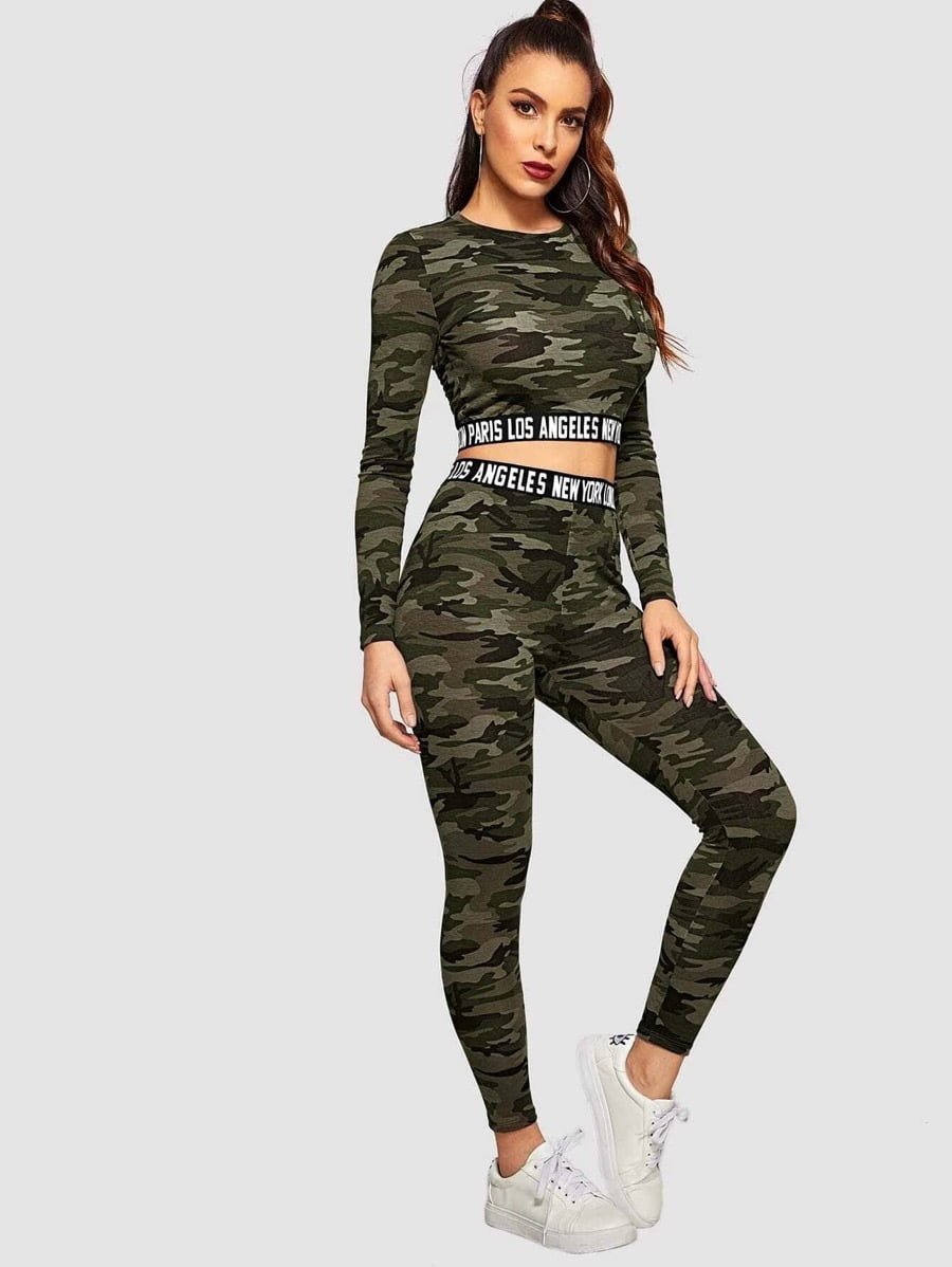Contrast Letter Tape Camo Print Crop Tee &amp; Leggings Set Periwinkley Shop