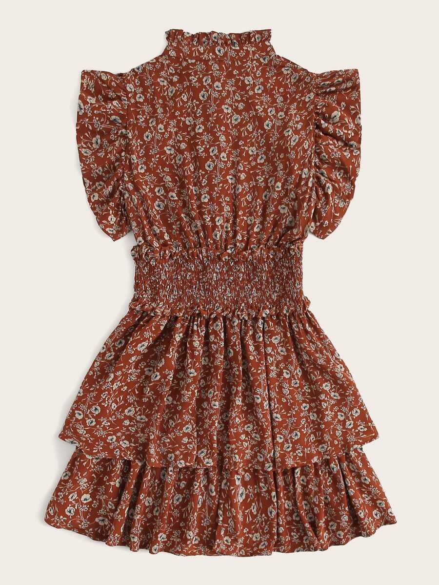 Frill Trim Shirred Waist Tiered Ditsy Dress Periwinkley Shop