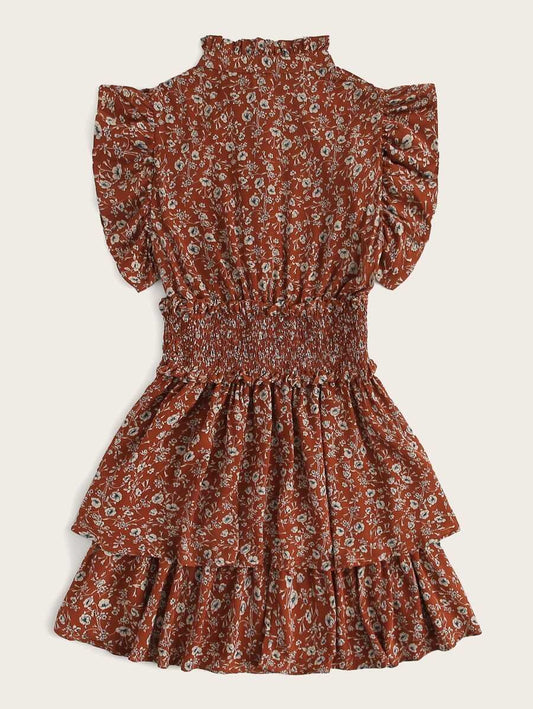 Frill Trim Shirred Waist Tiered Ditsy Dress Periwinkley Shop