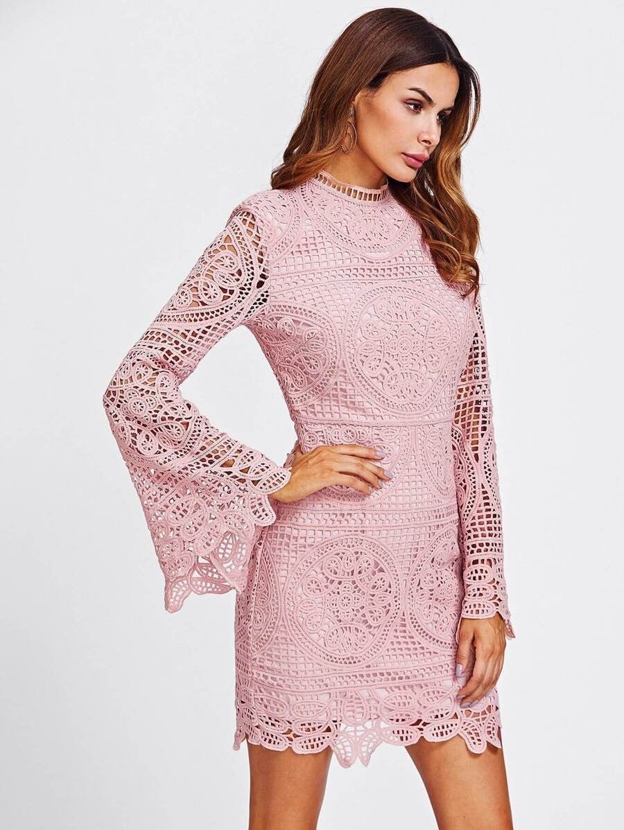 Trumpet Sleeve Geo Crochet Overlay Form Fitting Dress Periwinkley Shop