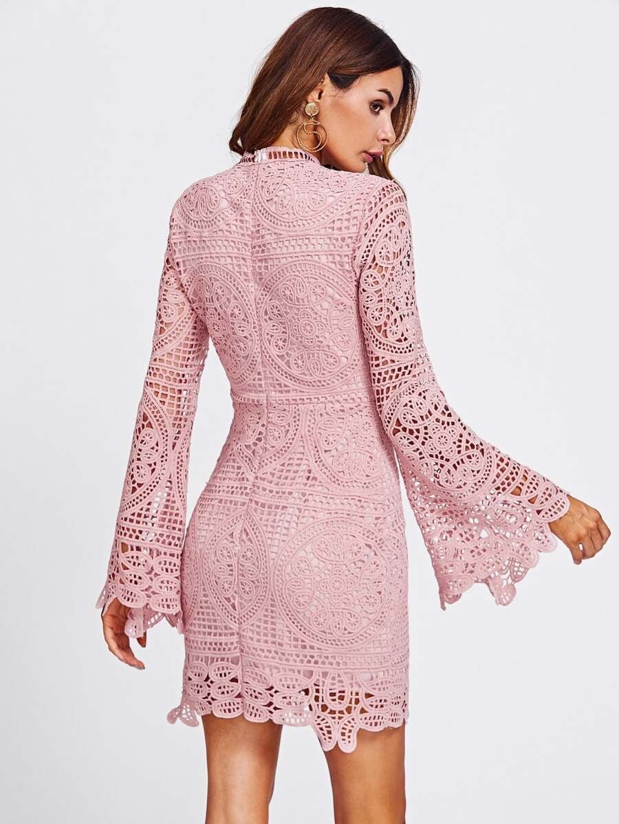 Trumpet Sleeve Geo Crochet Overlay Form Fitting Dress Periwinkley Shop
