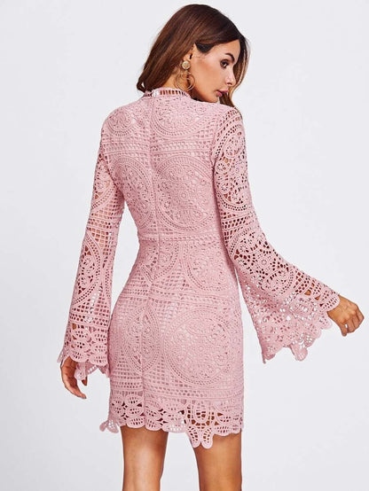 Trumpet Sleeve Geo Crochet Overlay Form Fitting Dress Periwinkley Shop