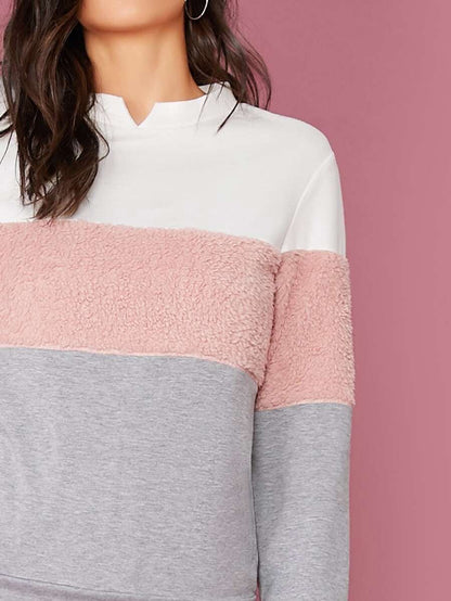 V-Cut Neck Colorblock Teddy Panel Pullover & Sweatpants Set Periwinkley Shop