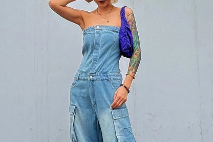 Moxub - Strapless Pocket Detail Distressed Wide Leg Jumpsuit Periwinkley Shop
