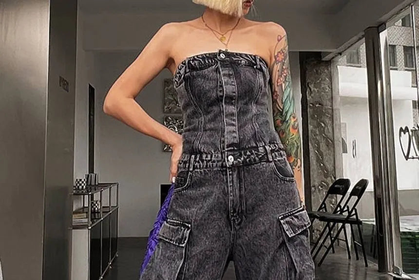 Moxub - Strapless Pocket Detail Distressed Wide Leg Jumpsuit Periwinkley Shop