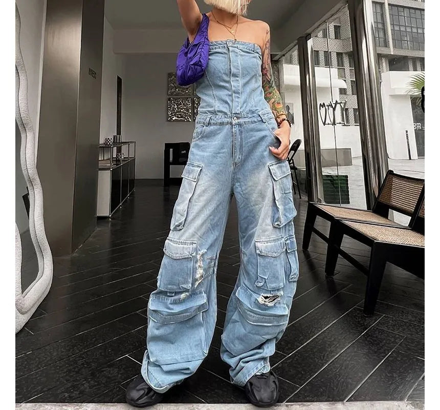 Moxub - Strapless Pocket Detail Distressed Wide Leg Jumpsuit Periwinkley Shop