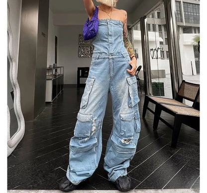 Moxub - Strapless Pocket Detail Distressed Wide Leg Jumpsuit Periwinkley Shop