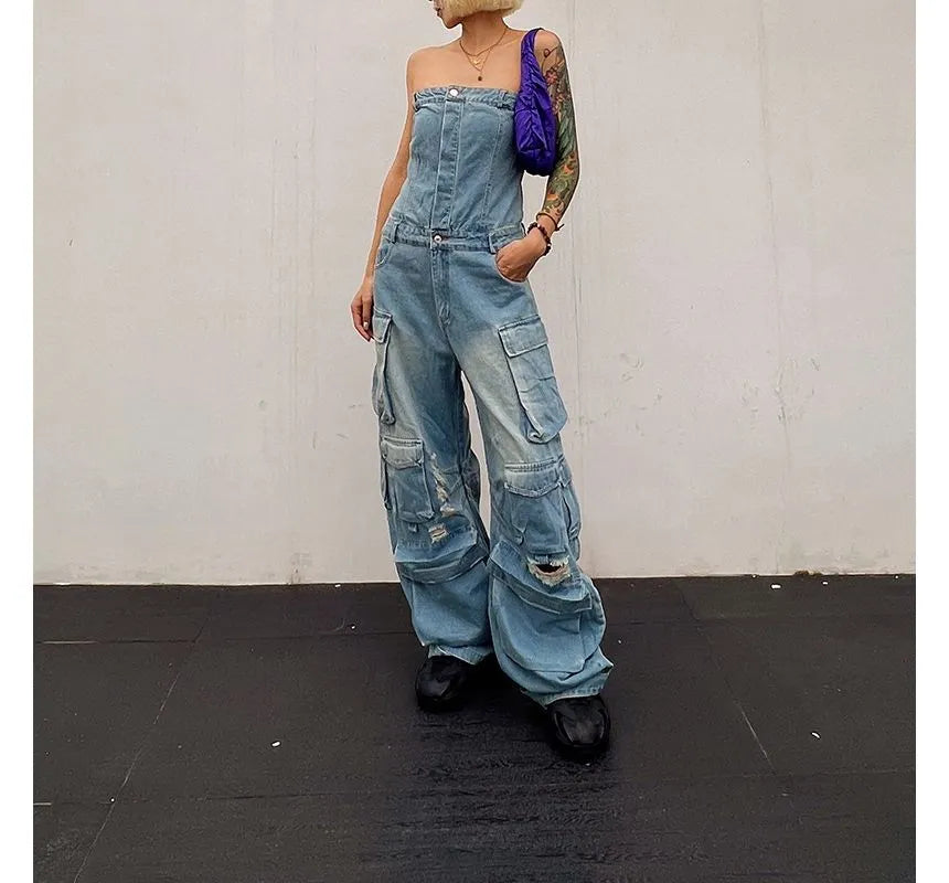 Moxub - Strapless Pocket Detail Distressed Wide Leg Jumpsuit Periwinkley Shop