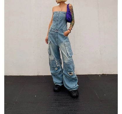 Moxub - Strapless Pocket Detail Distressed Wide Leg Jumpsuit Periwinkley Shop