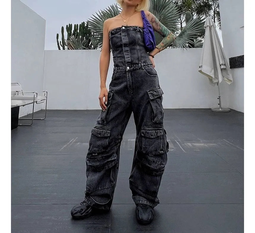 Moxub - Strapless Pocket Detail Distressed Wide Leg Jumpsuit Periwinkley Shop