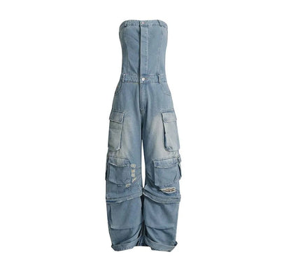 Moxub - Strapless Pocket Detail Distressed Wide Leg Jumpsuit Periwinkley Shop
