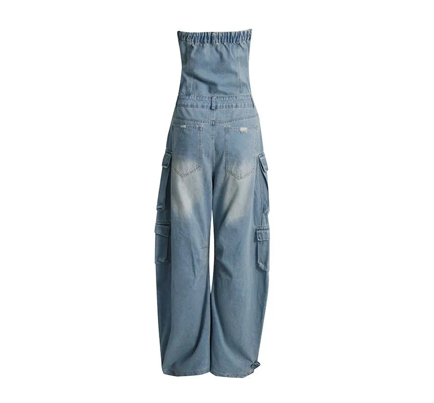 Moxub - Strapless Pocket Detail Distressed Wide Leg Jumpsuit Periwinkley Shop
