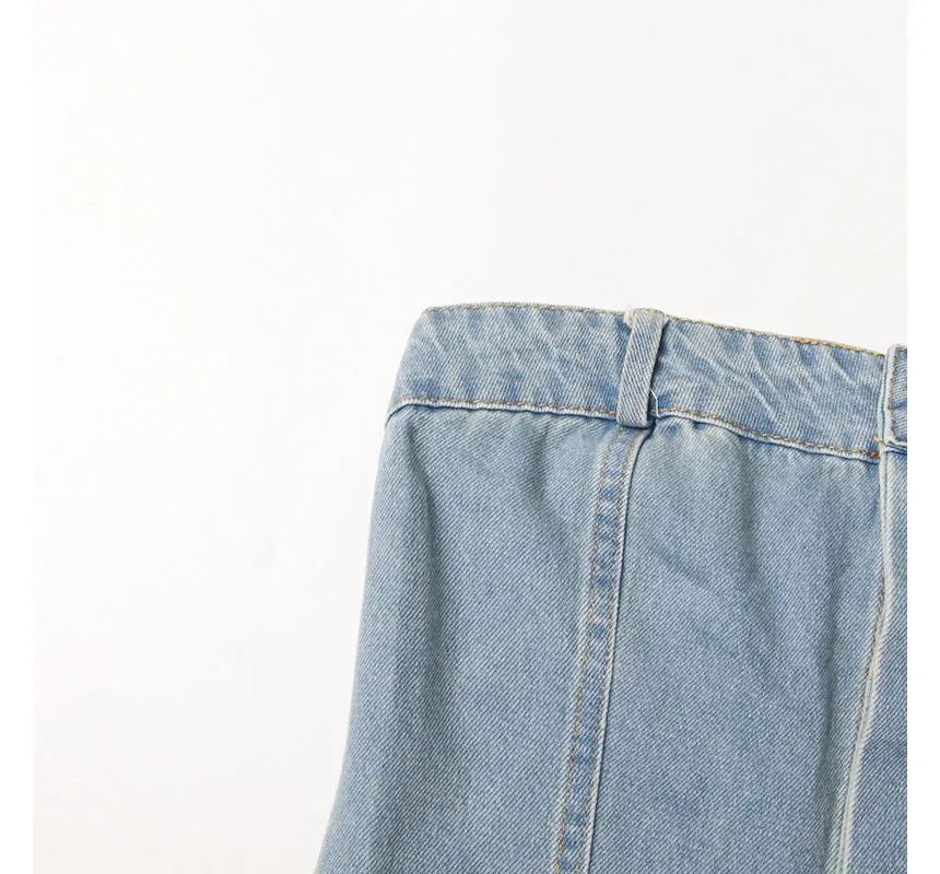 Moxub - Strapless Pocket Detail Distressed Wide Leg Jumpsuit Periwinkley Shop