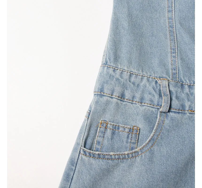 Moxub - Strapless Pocket Detail Distressed Wide Leg Jumpsuit Periwinkley Shop