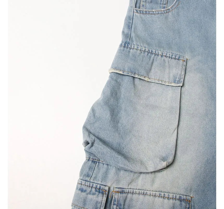 Moxub - Strapless Pocket Detail Distressed Wide Leg Jumpsuit Periwinkley Shop