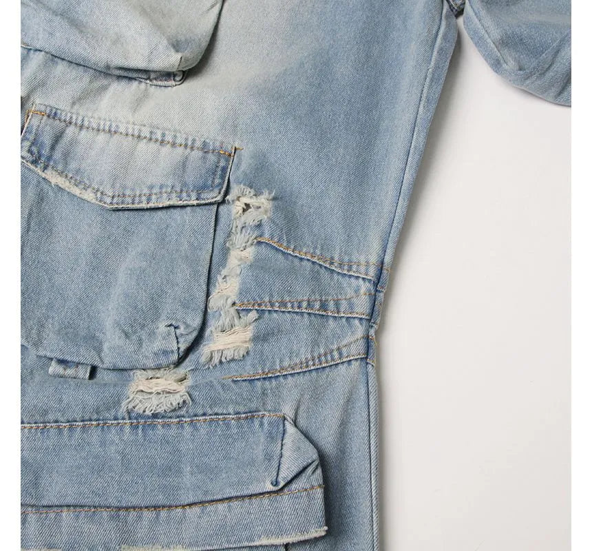 Moxub - Strapless Pocket Detail Distressed Wide Leg Jumpsuit Periwinkley Shop