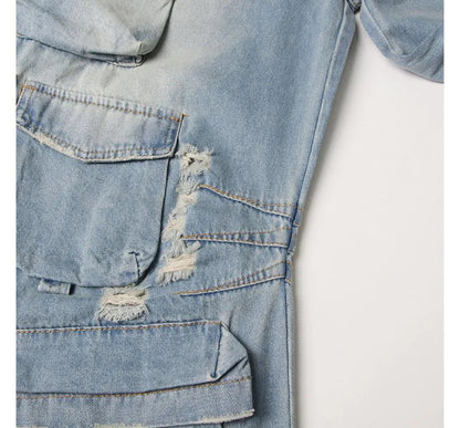 Moxub - Strapless Pocket Detail Distressed Wide Leg Jumpsuit Periwinkley Shop