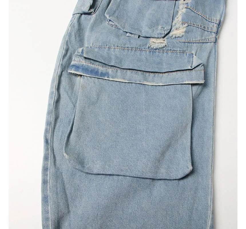 Moxub - Strapless Pocket Detail Distressed Wide Leg Jumpsuit Periwinkley Shop