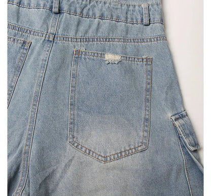 Moxub - Strapless Pocket Detail Distressed Wide Leg Jumpsuit Periwinkley Shop