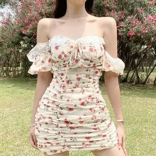 Lace Slash Neck Strapless  Puff Sleeve Flowers Short Dress