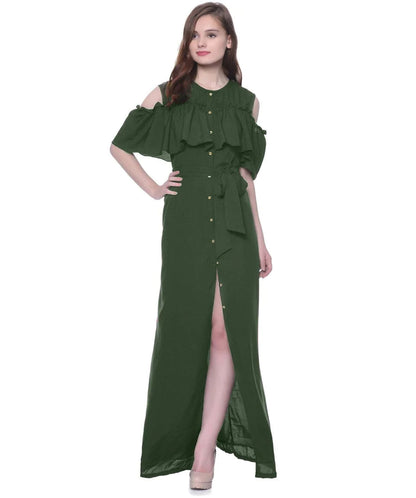 Ruffled Buttoned Cold Shoulder Maxi Dress Periwinkley Shop