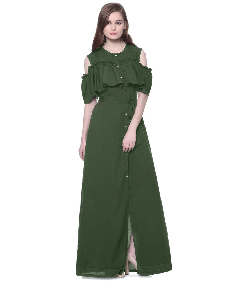 Ruffled Buttoned Cold Shoulder Maxi Dress Periwinkley Shop