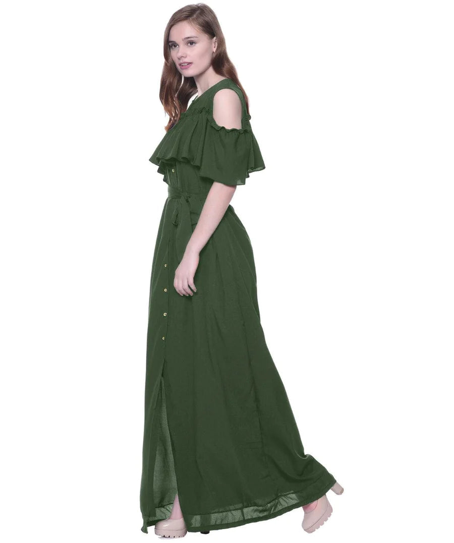 Ruffled Buttoned Cold Shoulder Maxi Dress Periwinkley Shop