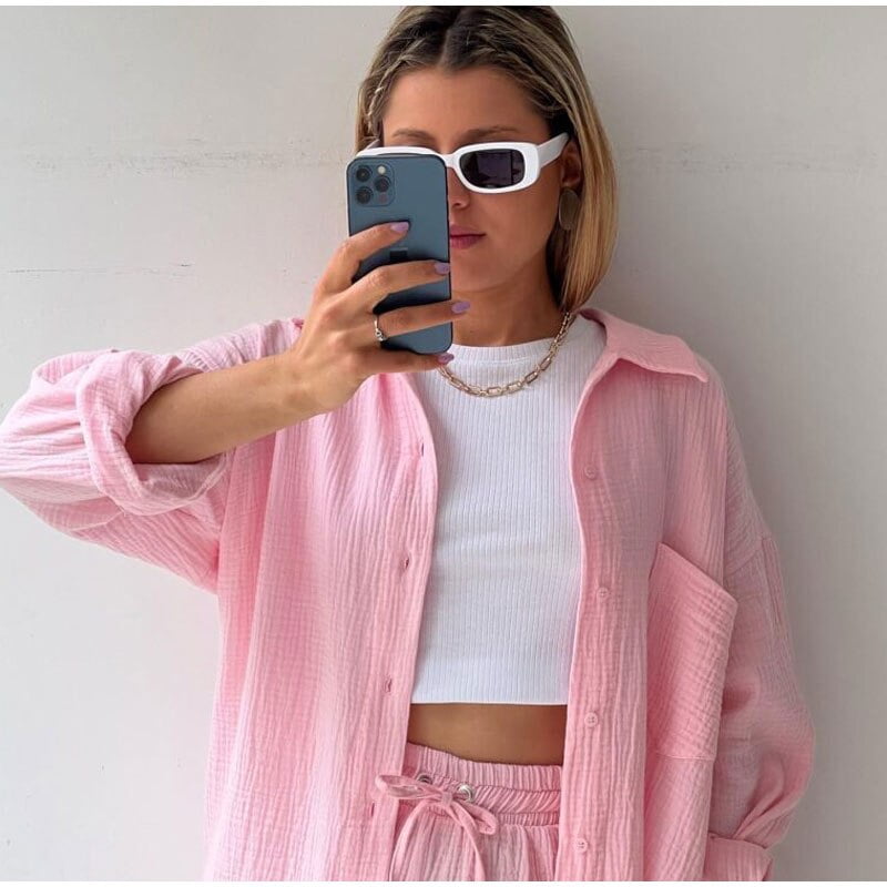2 Piece Casual Turn-Down Collar Top with Shorts Gauze Cardigan-Pink Periwinkley Shop