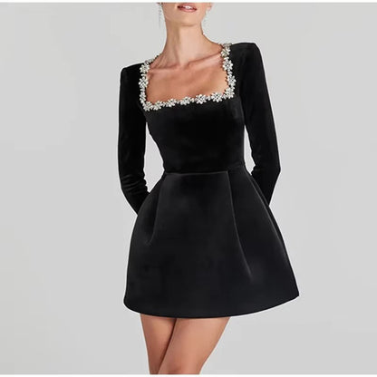 Slim Rhinestone Square Collar Dress Velvet Long Sleeve High Waist A-line Mini Dresses Periwinkley Shop