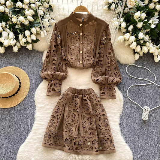 Elegant hollow out short dress 2 piece sets  long sleeve loose oversized shirts + mini skirts suits Periwinkley Shop