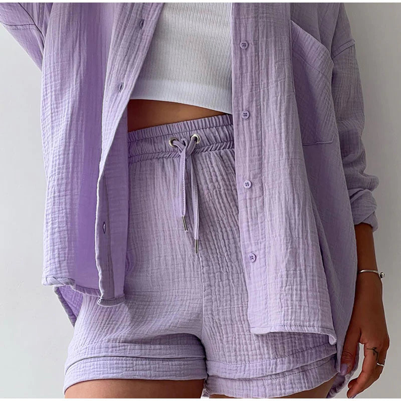 2 Piece Casual Turn-Down Collar Top with Shorts Gauze Cardigan- Purple Periwinkley Shop