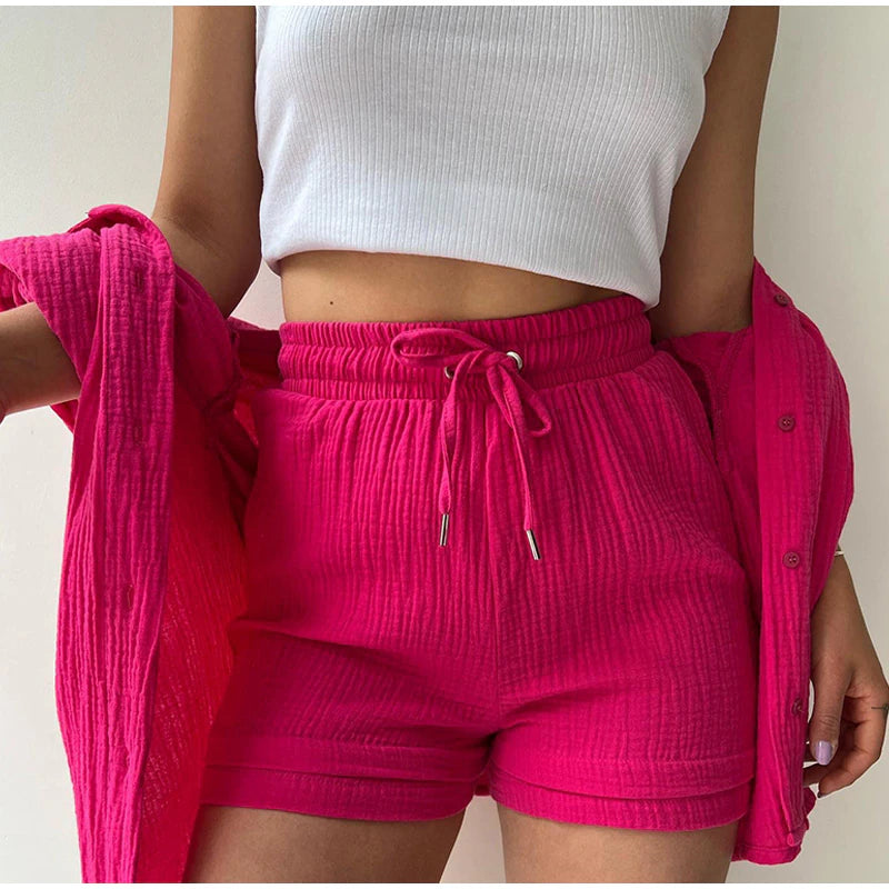 2 Piece Casual Turn-Down Collar Top with Shorts Gauze Cardigan- pink Periwinkley Shop