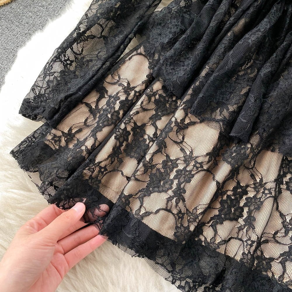 Square Collar Full Sleeve Slim Waist A-line lace dress Periwinkley Shop