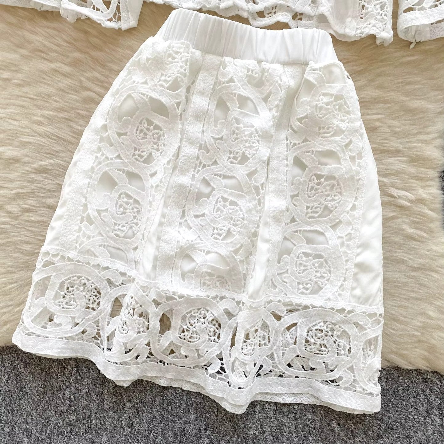 Elegant hollow out short dress 2 piece sets  long sleeve loose oversized shirts + mini skirts suits Periwinkley Shop