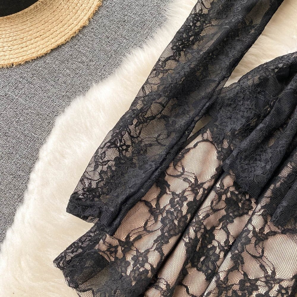 Square Collar Full Sleeve Slim Waist A-line lace dress Periwinkley Shop