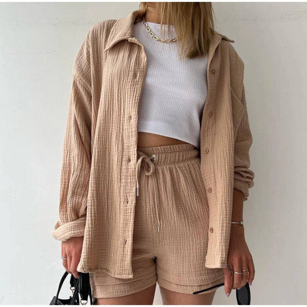2 Piece Casual Turn-Down Collar Top with Shorts Gauze Cardigan- beige Periwinkley Shop