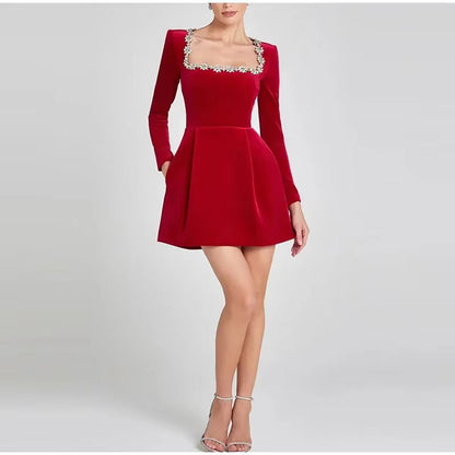 Slim Rhinestone Square Collar Dress Velvet Long Sleeve High Waist A-line Mini Dresses Periwinkley Shop