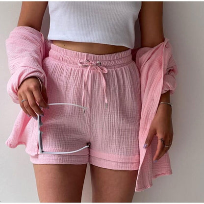 2 Piece Casual Turn-Down Collar Top with Shorts Gauze Cardigan-Pink Periwinkley Shop