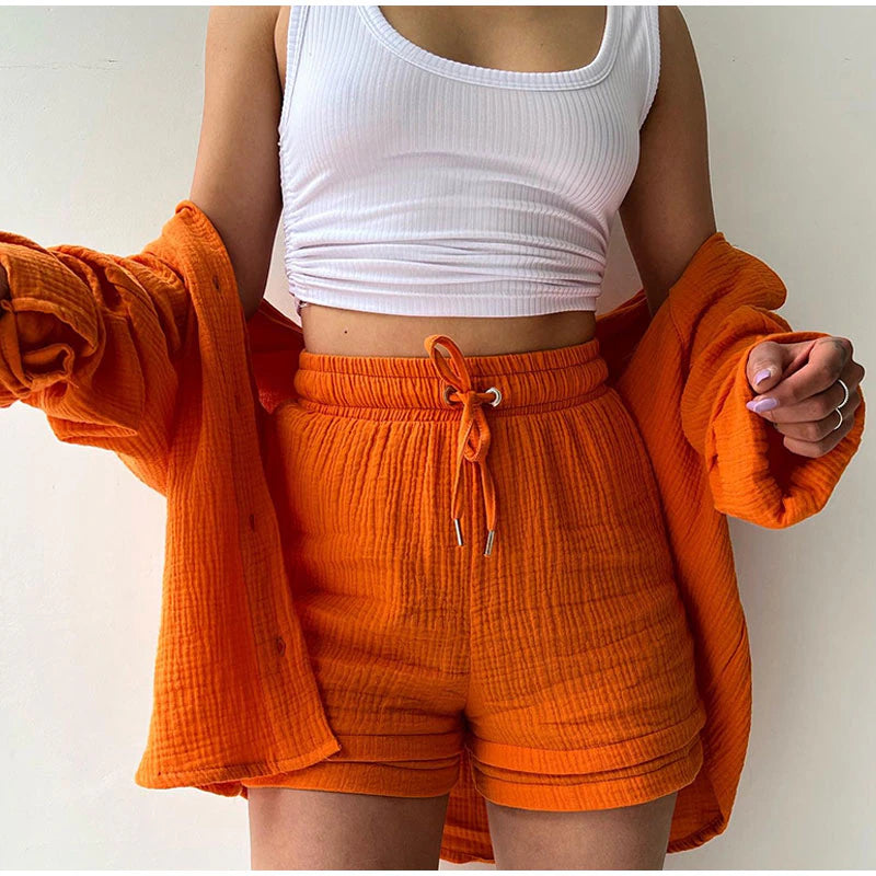 2 Piece Casual Turn-Down Collar Top with Shorts Gauze Cardigan-Orange Periwinkley Shop