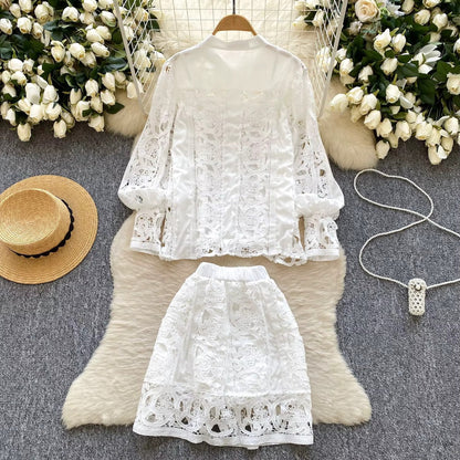 Elegant hollow out short dress 2 piece sets  long sleeve loose oversized shirts + mini skirts suits Periwinkley Shop