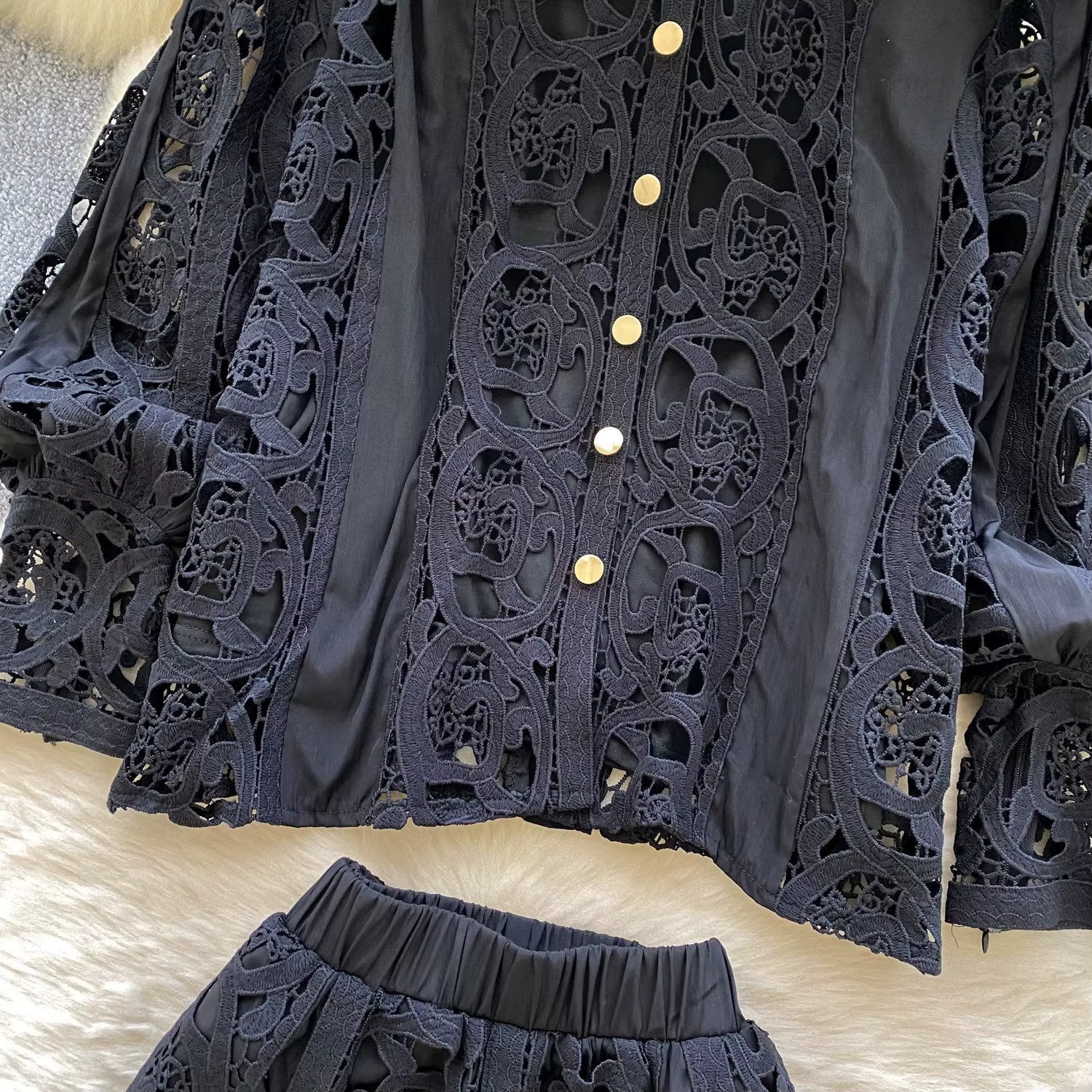 Elegant hollow out short dress 2 piece sets  long sleeve loose oversized shirts + mini skirts suits Periwinkley Shop