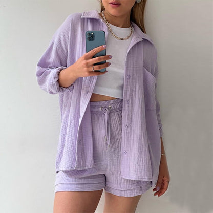2 Piece Casual Turn-Down Collar Top with Shorts Gauze Cardigan- Purple Periwinkley Shop